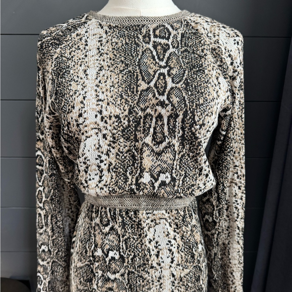 Zara Black Gray Brown Snake Print Long Sleeve Dress Stretchy - Picture 2 of 8
